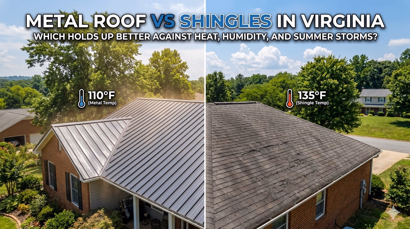Featured image for &ldquo;Metal Roof vs Shingles in Virginia: Which Holds Up Better Against Heat, Humidity, and Summer Storms?&rdquo;